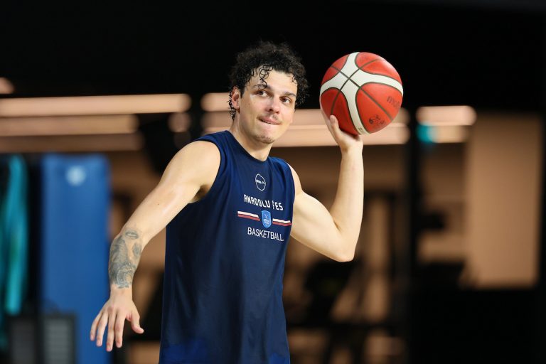 Anadolu Efes players and head coach Pablo Laso during their first 2026-2027 preseason training session at Turkcell Basketbol Gelisim Merkezi in Istanbul.